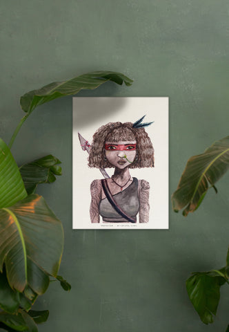 Protector - Watercolor and Ink on Paper Limited Prints from Original Hand-Painted Artwork brown skin curly hair warrior tatooed women character, signed by artist