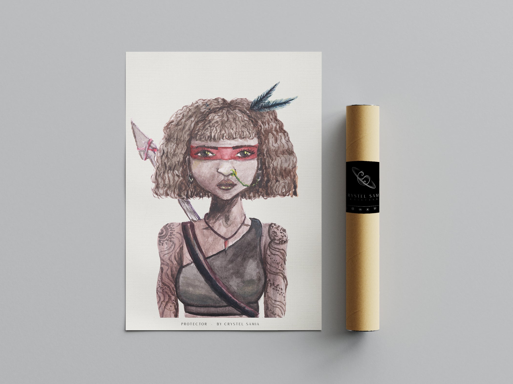 Protector - Watercolor and Ink on Paper Limited Prints from Original Hand-Painted Artwork brown skin curly hair warrior tatooed women character, signed by artist