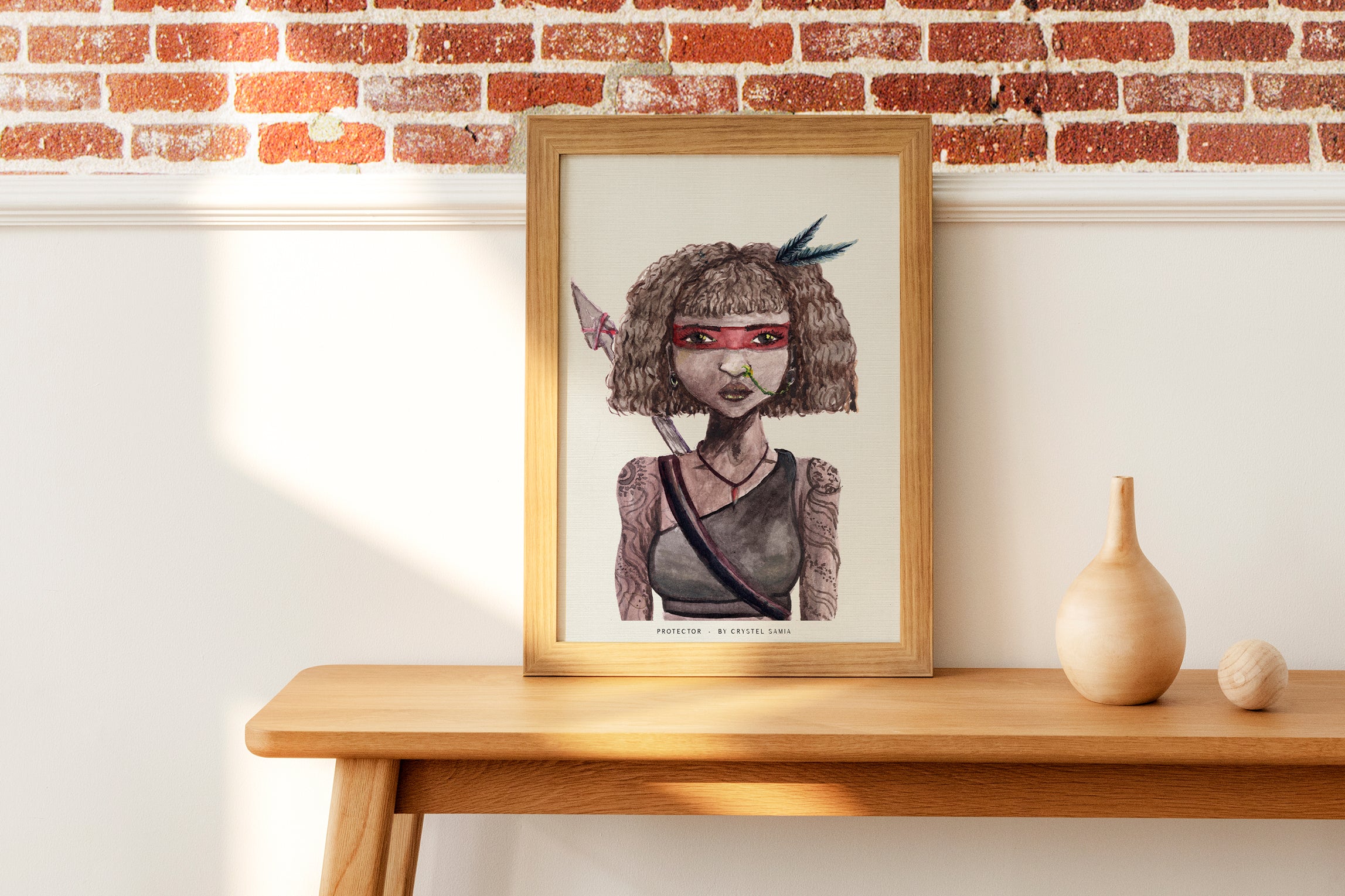 Protector - Watercolor and Ink on Paper Limited Prints from Original Hand-Painted Artwork brown skin curly hair warrior tatooed women character, signed by artist