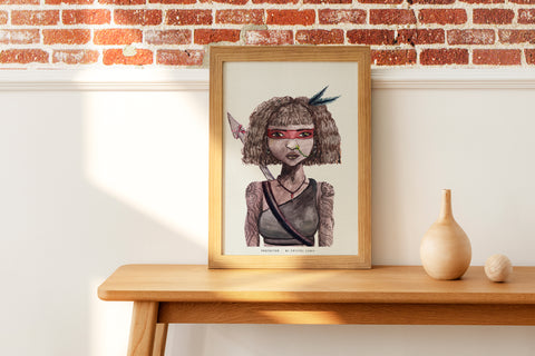 Protector - Watercolor and Ink on Paper Limited Prints from Original Hand-Painted Artwork brown skin curly hair warrior tatooed women character, signed by artist