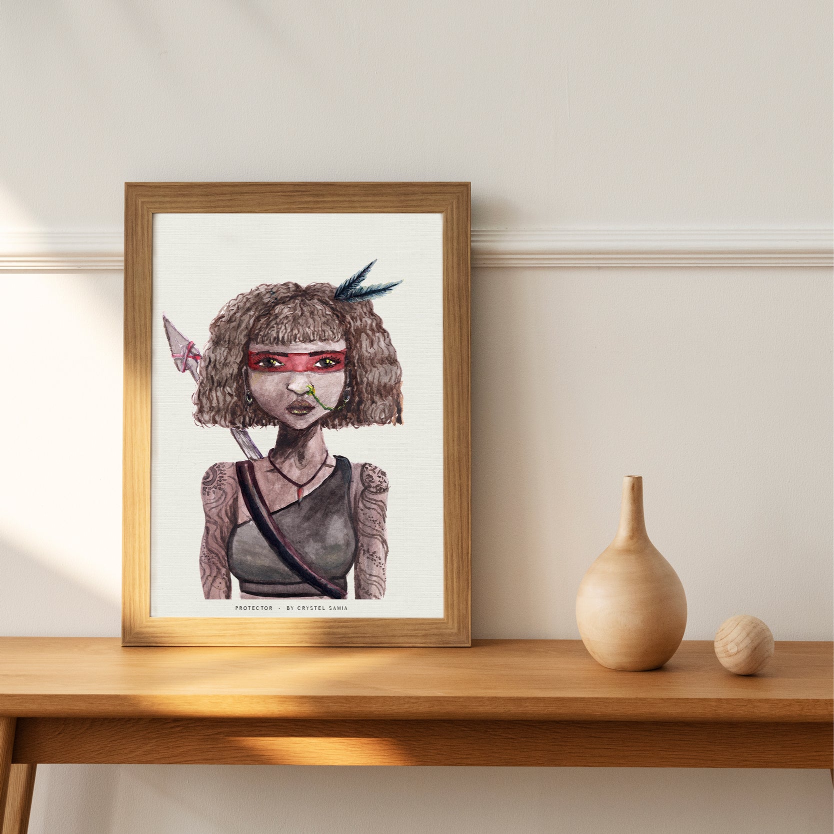 Protector - Watercolor and Ink on Paper Limited Prints from Original Hand-Painted Artwork brown skin curly hair warrior tatooed women character, signed by artist