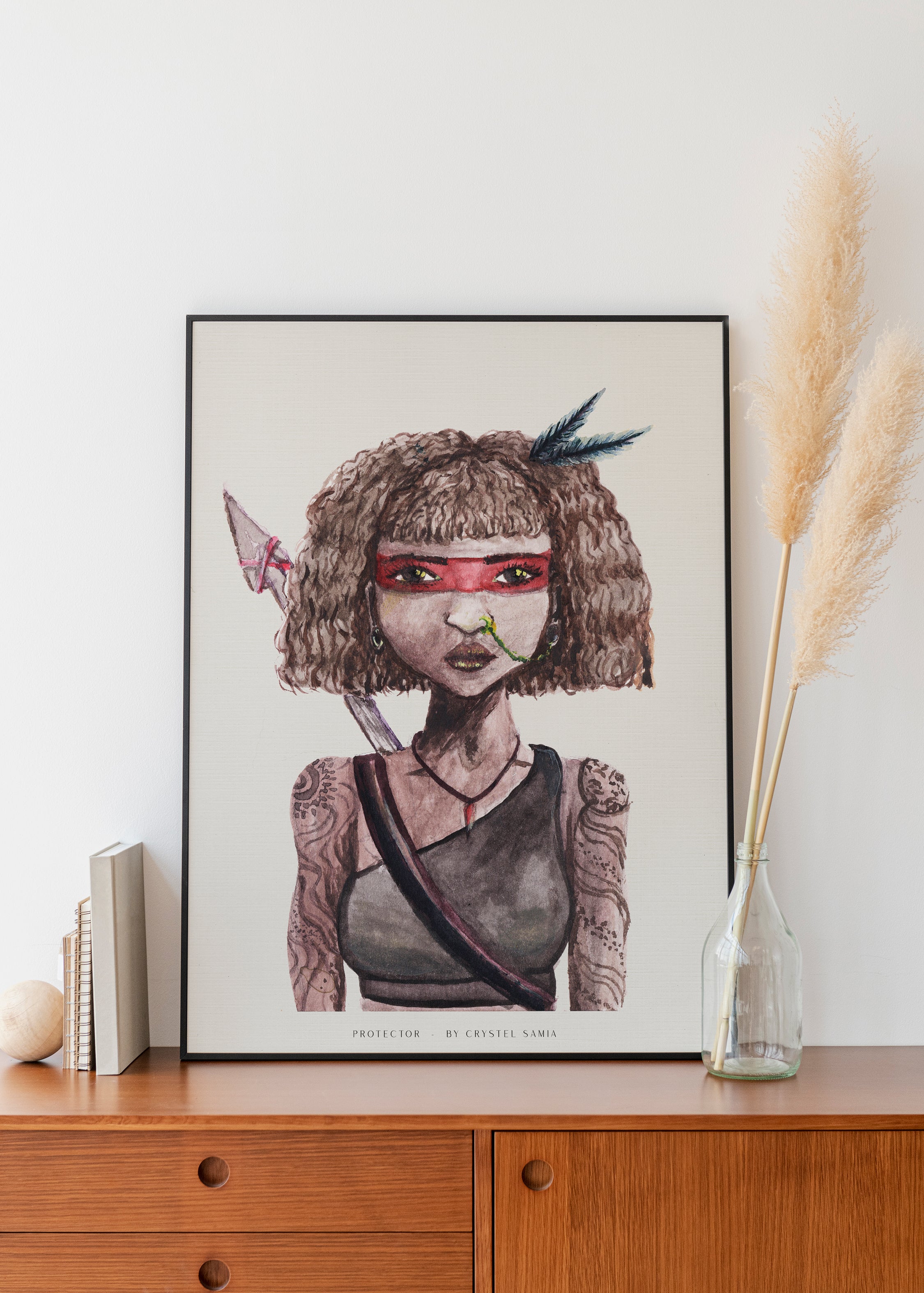 Protector - Watercolor and Ink on Paper Limited Prints from Original Hand-Painted Artwork brown skin curly hair warrior tatooed women character, signed by artist