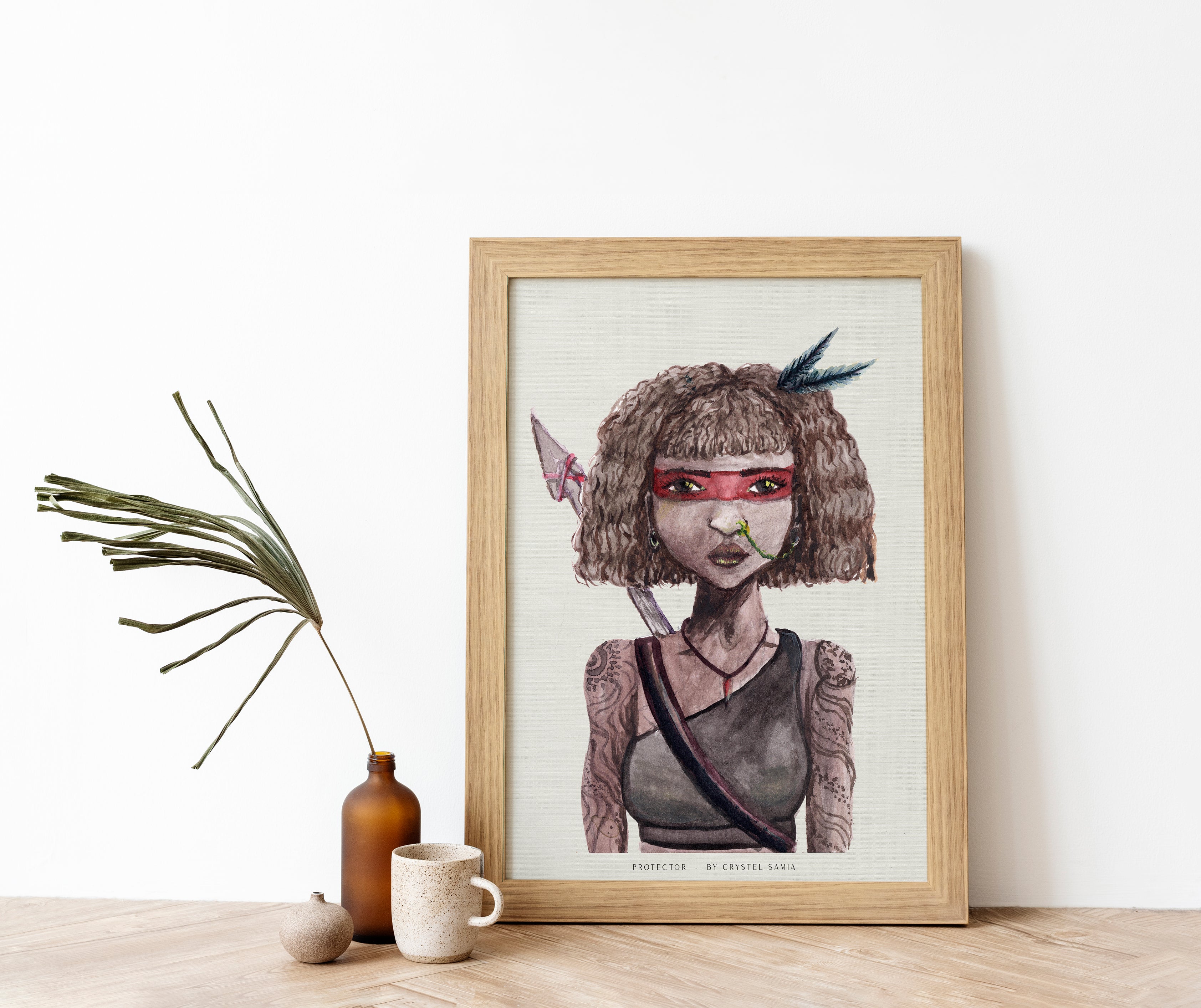 Protector - Watercolor and Ink on Paper Limited Prints from Original Hand-Painted Artwork brown skin curly hair warrior tatooed women character, signed by artist