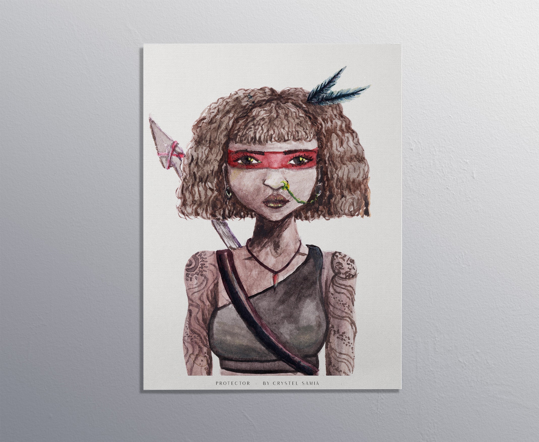Protector - Watercolor and Ink on Paper Limited Prints from Original Hand-Painted Artwork brown skin curly hair warrior tatooed women character, signed by artist