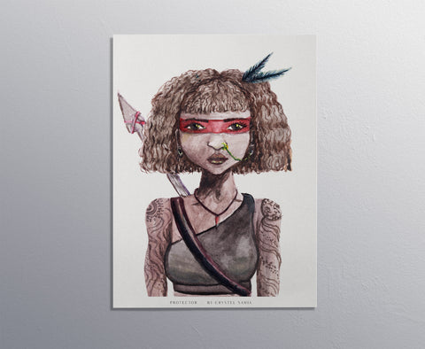 Protector - Watercolor and Ink on Paper Limited Prints from Original Hand-Painted Artwork brown skin curly hair warrior tatooed women character, signed by artist