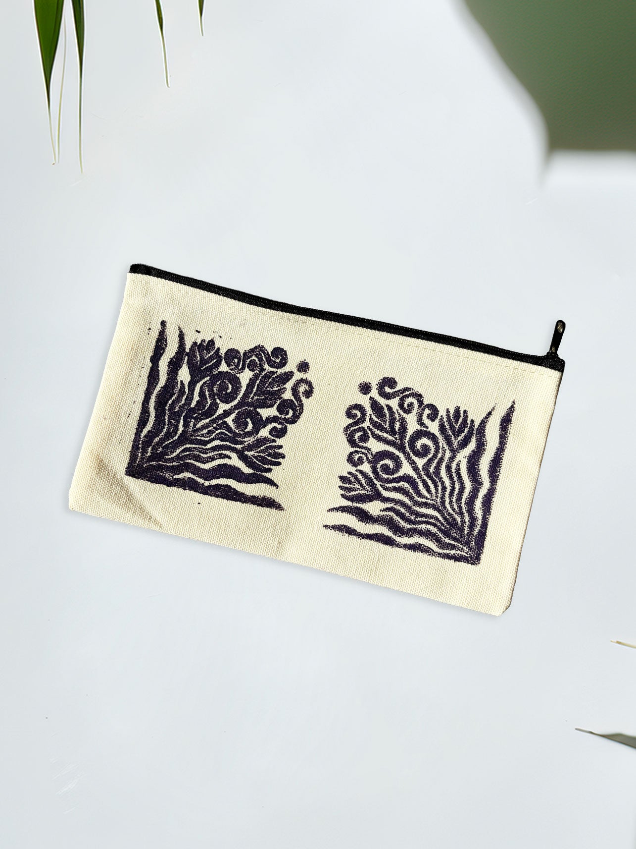 One-of-a-Kind Lino-Printed Linen Pouches - Purple Floral 2