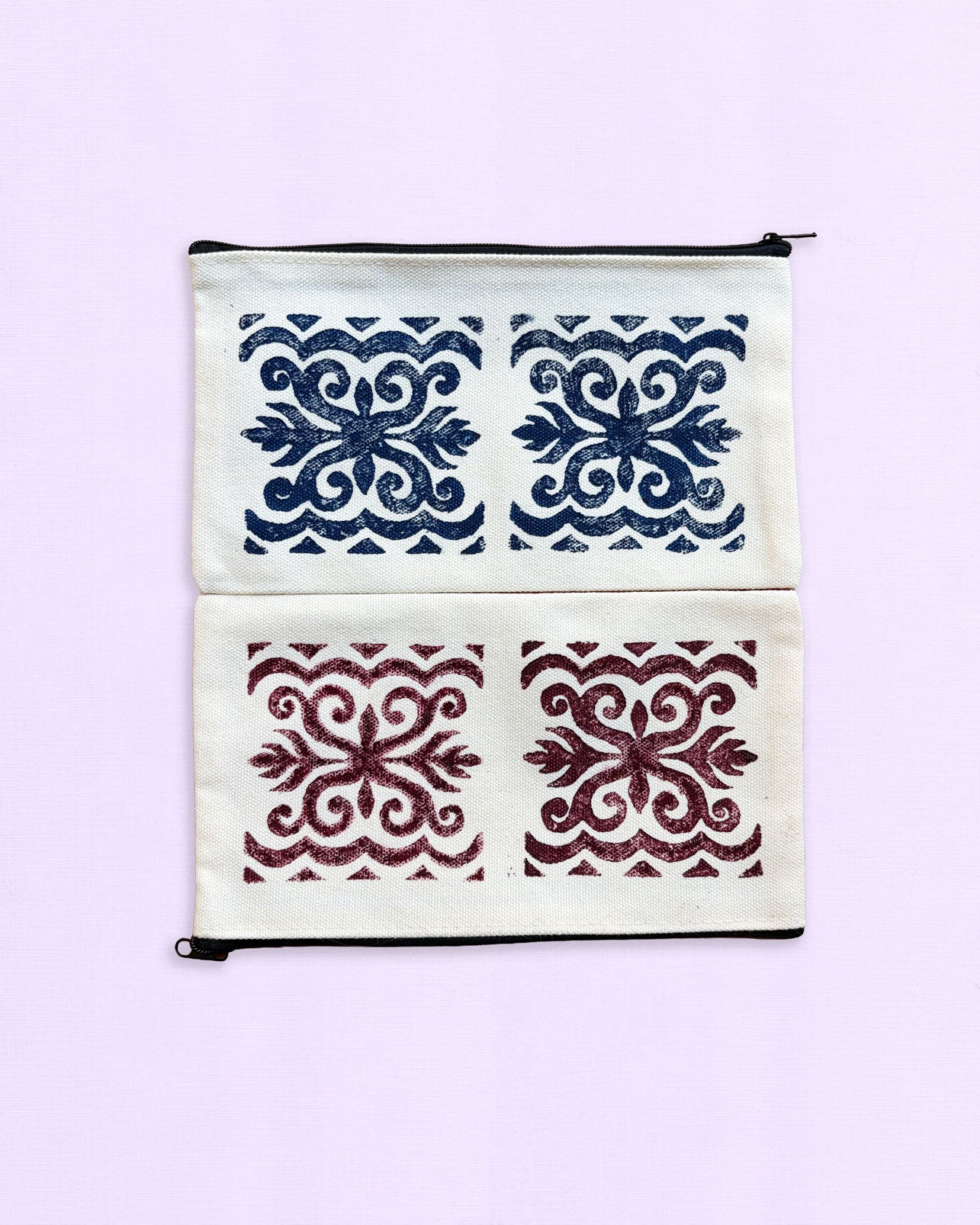 One-of-a-Kind Lino-Printed Linen Pouches - Red Patterns