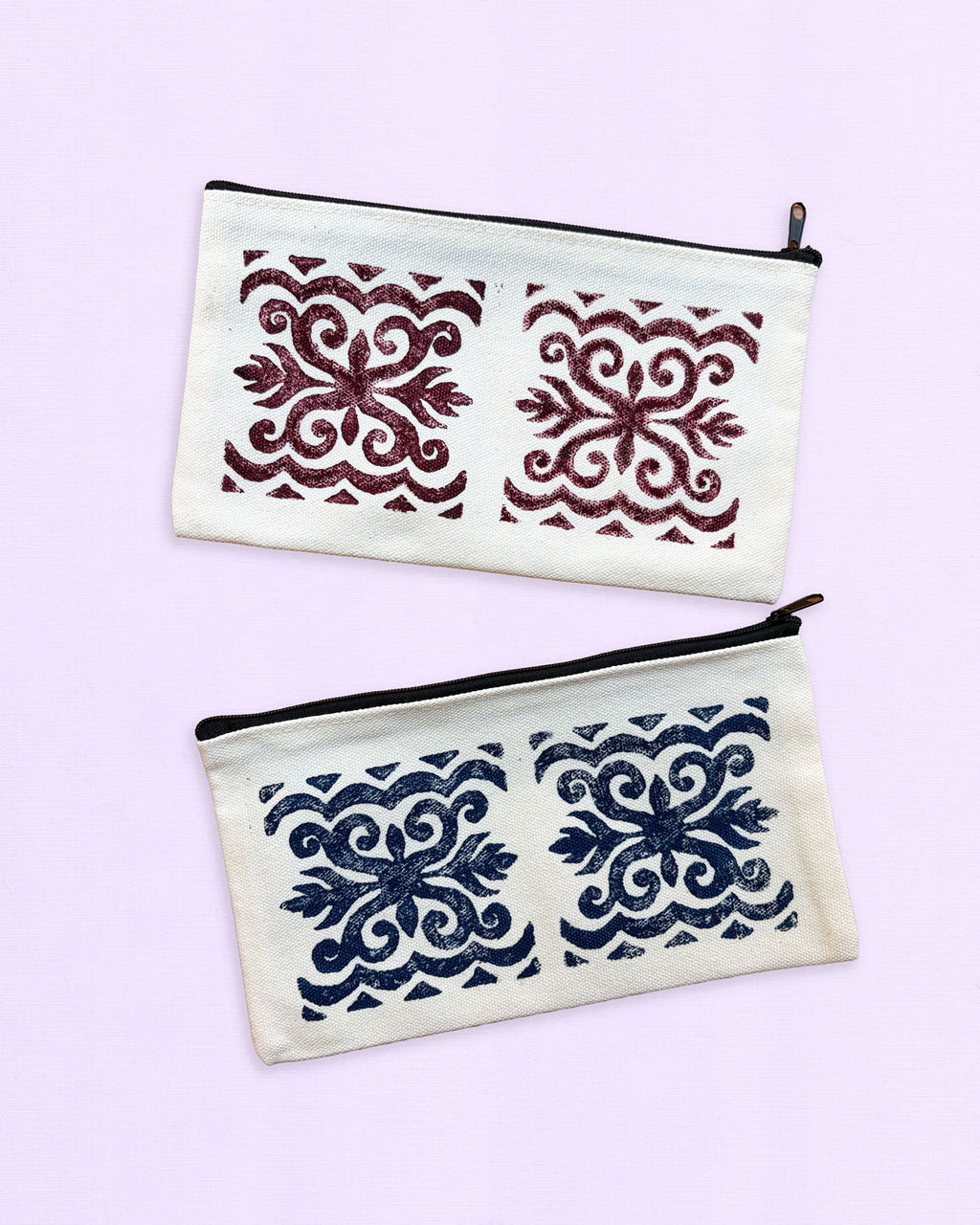 One-of-a-Kind Lino-Printed Linen Pouches - Red Patterns