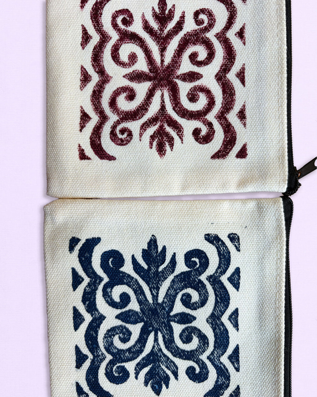 One-of-a-Kind Lino-Printed Linen Pouches - Red Patterns