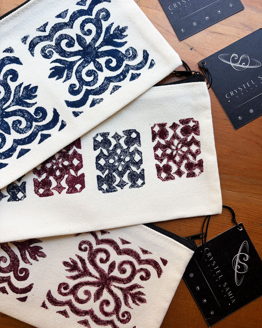 One-of-a-Kind Lino-Printed Linen Pouches - Red Patterns