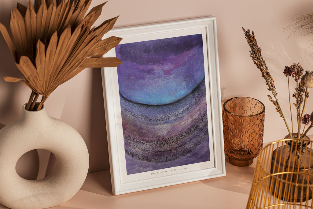 RINGS OF SATURN - Limited Print from Original Hand-Painted Watercolor and Dot Work Artwork signed by artist abstract calming art dreamy blue purple dot work 