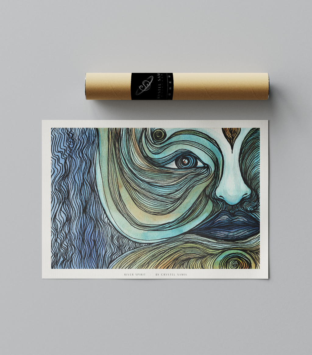 River Face - Limited Print from Original Hand Painted Watercolor Artwork colorful calming signed by artist