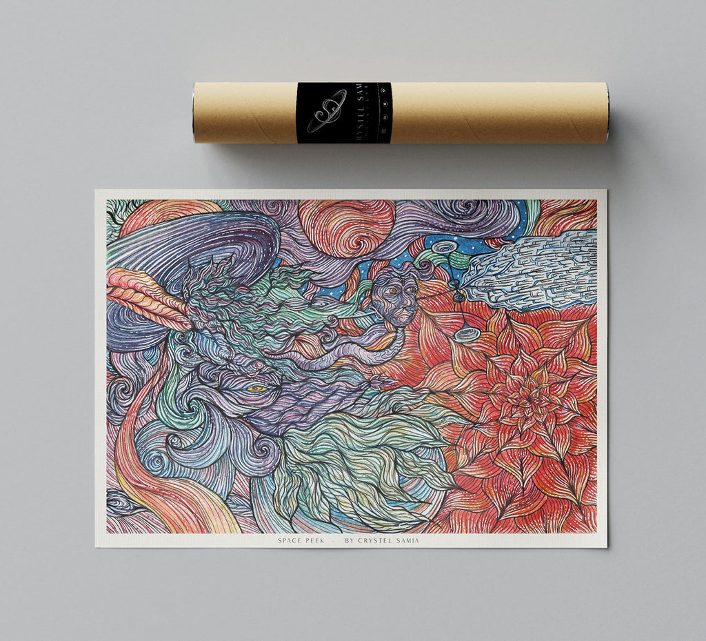 SPACE PEEK - Limited Prints from Original Hand-Painted Watercolor Artwork colorful signed by artist