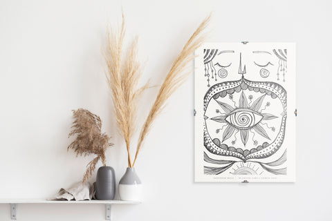 Sunflower Smiles: Limited Print from Original Hand-Painted Ink Artwork by Crystel Samia and Chimene Zouki signed by artist black and white line art