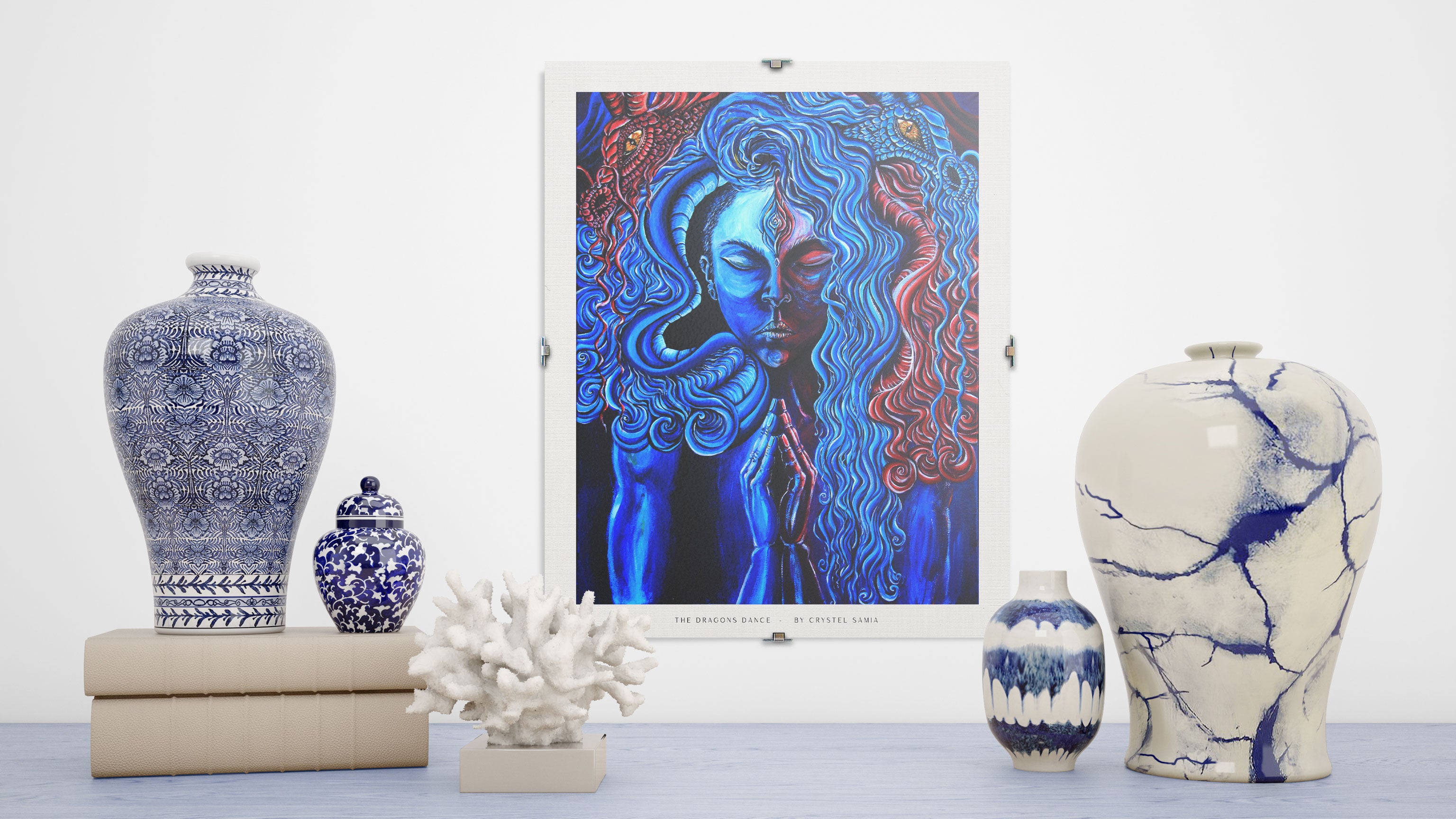 The Dragons Dance - Limited Art Print from Original Acrylic on Canvas Painting signed by artist blue and red women with two deagons third eye