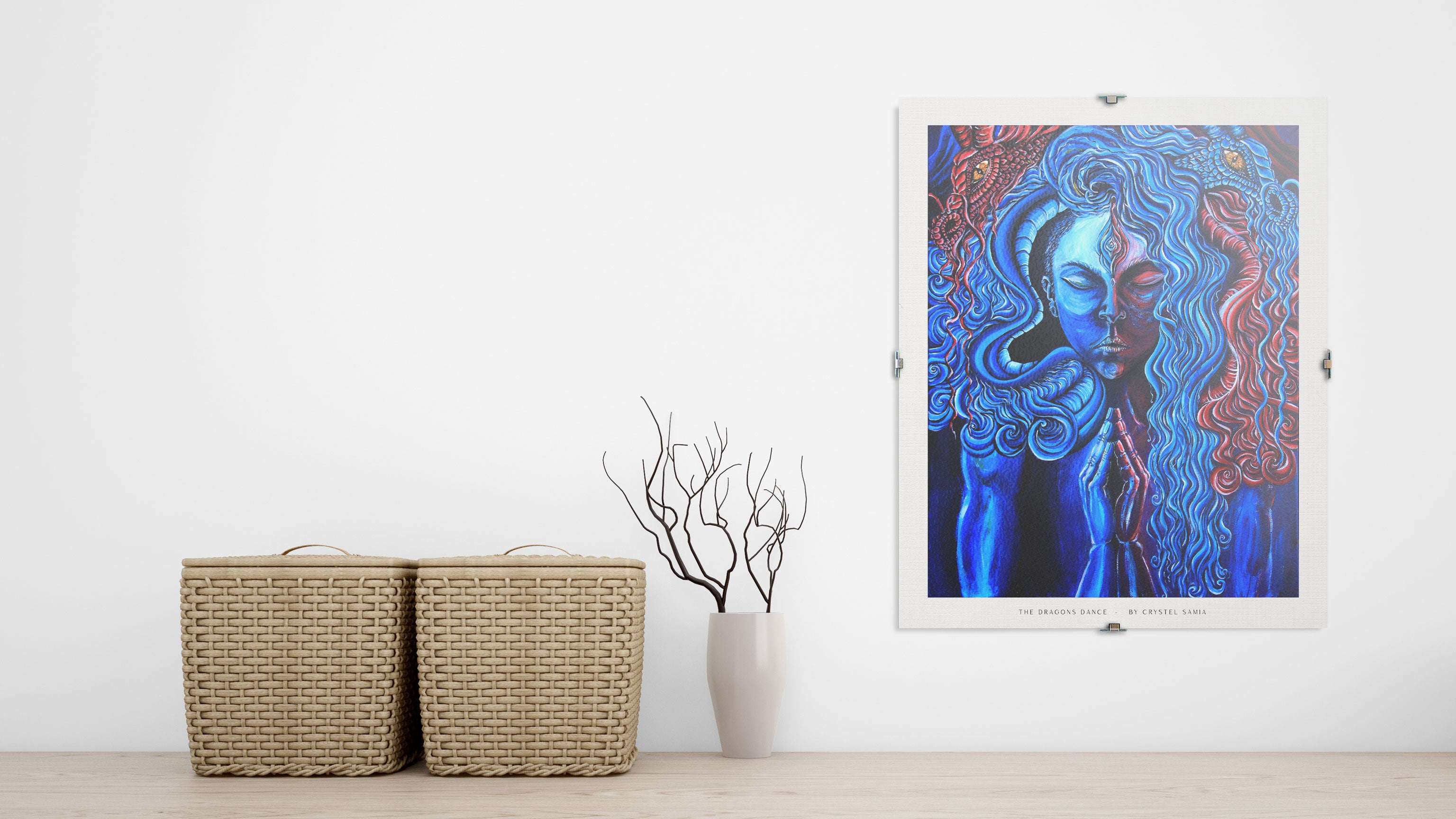 The Dragons Dance - Limited Art Print from Original Acrylic on Canvas Painting signed by artist blue and red women with two deagons third eye