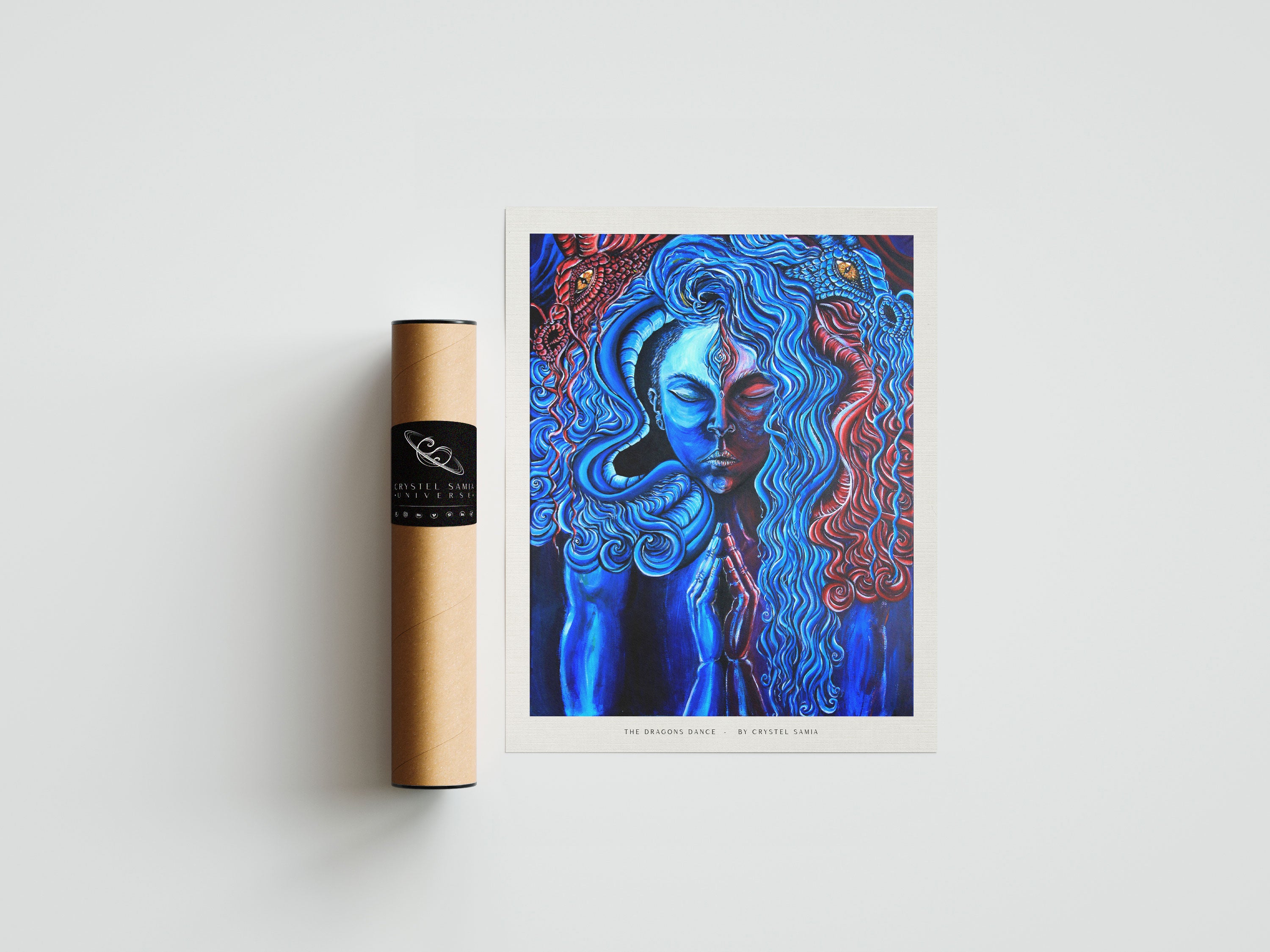 The Dragons Dance - Limited Art Print from Original Acrylic on Canvas Painting signed by artist blue and red women with two deagons third eye