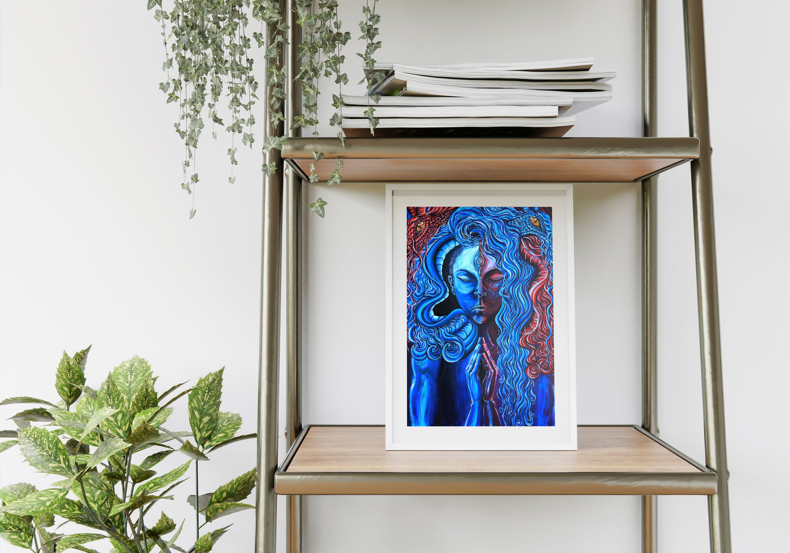 The Dragons Dance - Limited Art Print from Original Acrylic on Canvas Painting signed by artist blue and red women with two deagons third eye