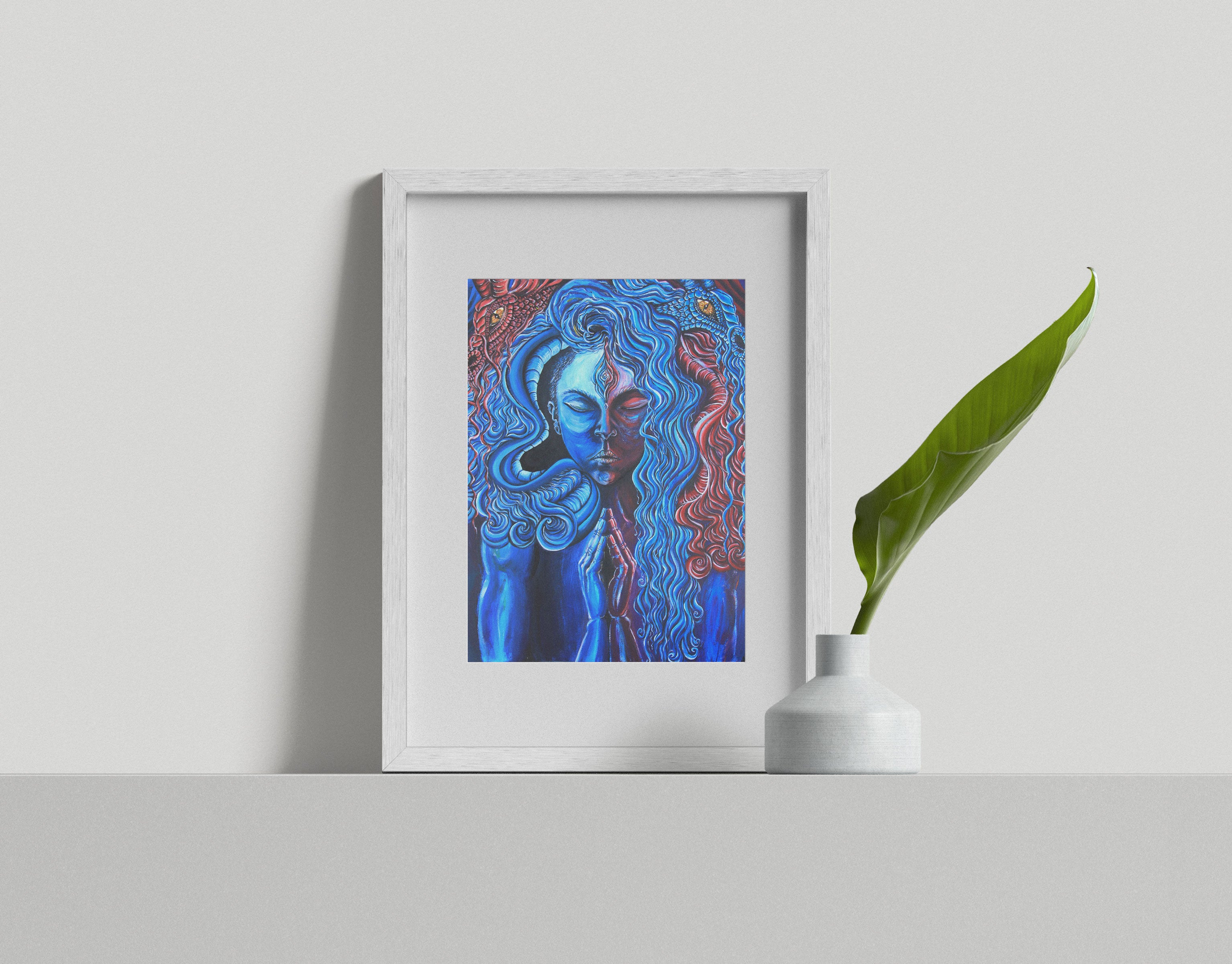 The Dragons Dance - Limited Art Print from Original Acrylic on Canvas Painting signed by artist blue and red women with two deagons third eye