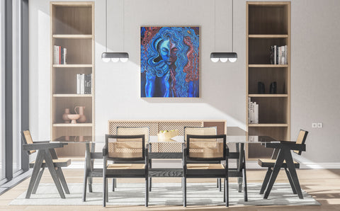 The Dragons Dance - Limited Art Print from Original Acrylic on Canvas Painting signed by artist blue and red women with two deagons third eye