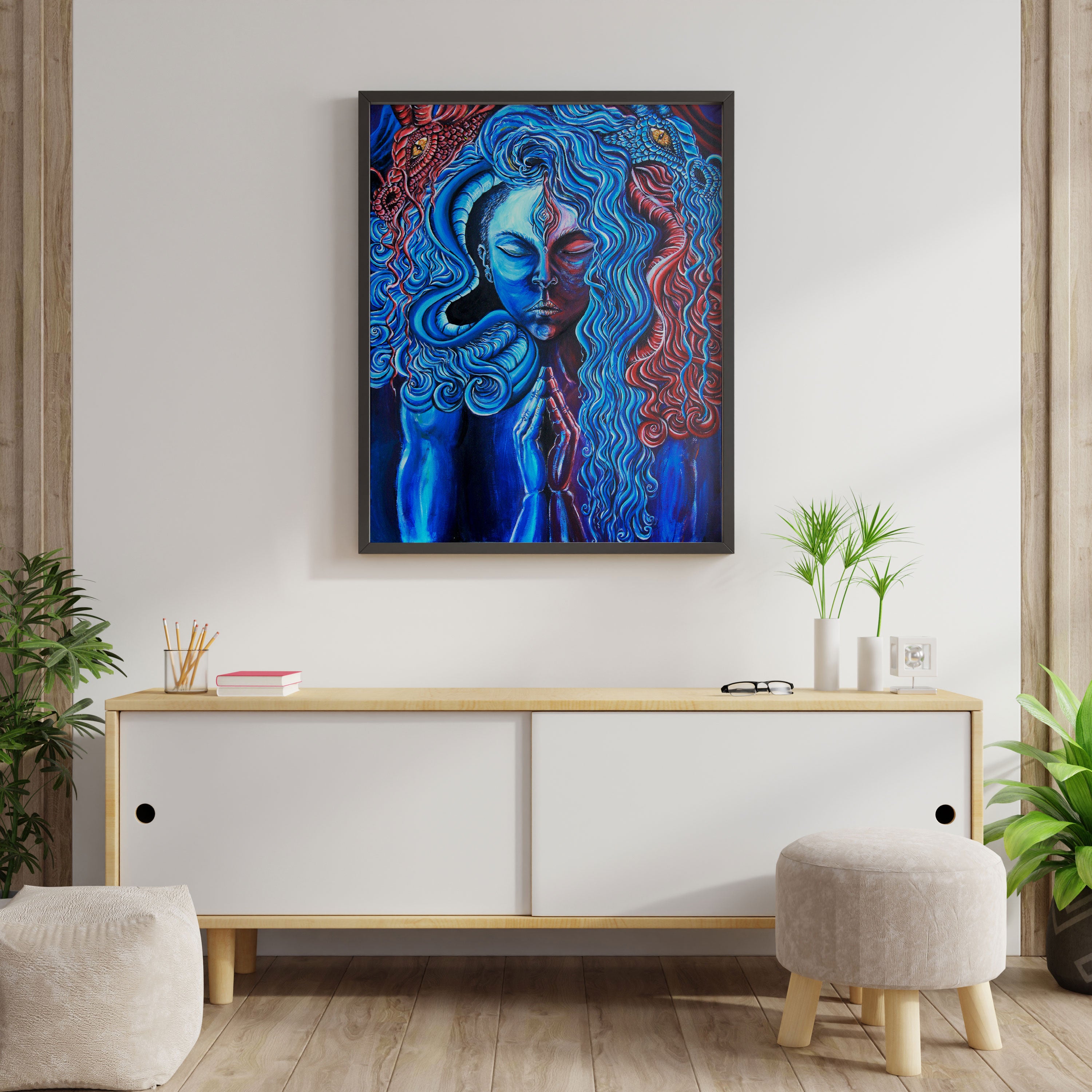 The Dragons Dance - Limited Art Print from Original Acrylic on Canvas Painting signed by artist blue and red women with two deagons third eye