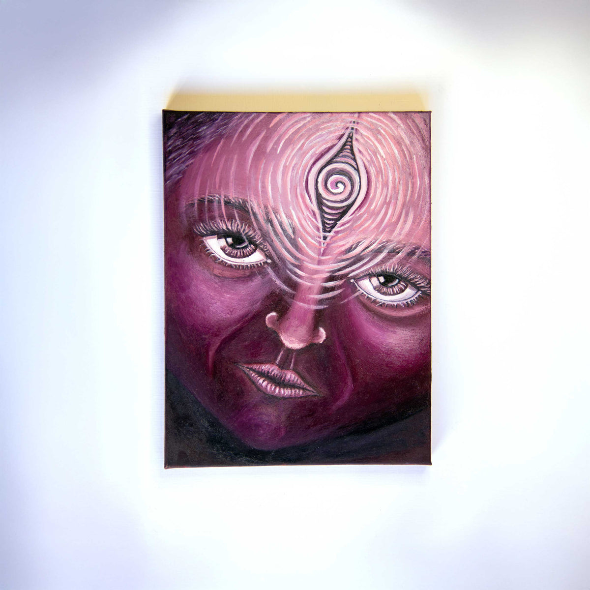 The_Grace_of_Reflection_Oil_on_Canvas_Original_By-CS_third eye painting 1/1 face with glowing eyes magenta red pink