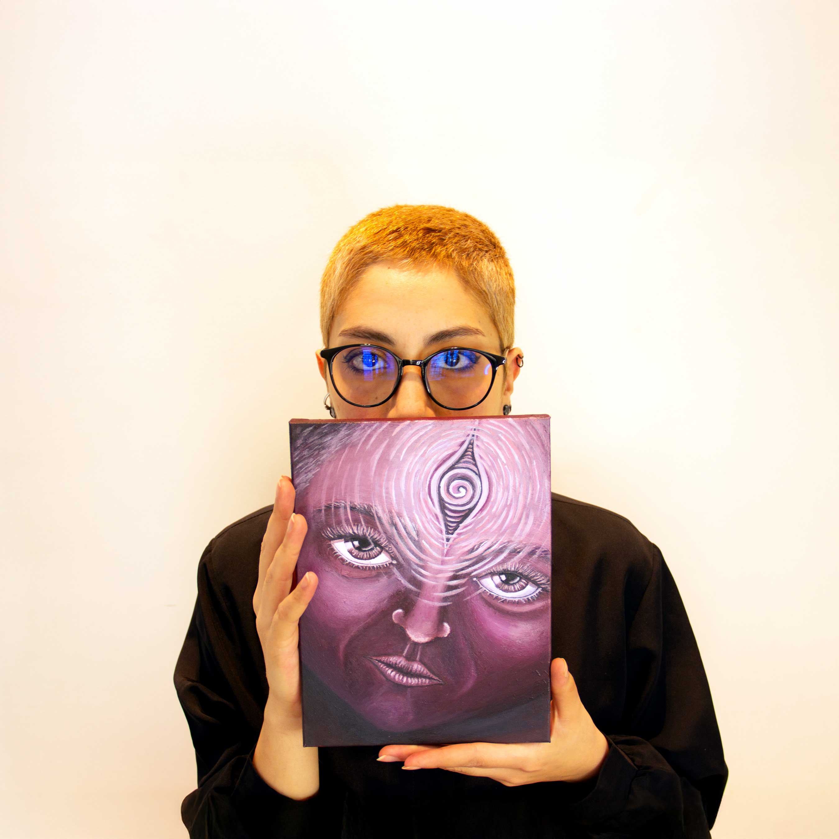 Artist holding painting: The_Grace_of_Reflection Oil_on_Canvas Original_By Crystel Samia, third eye painting 1/1 face with glowing eyes magenta red pink white spiral