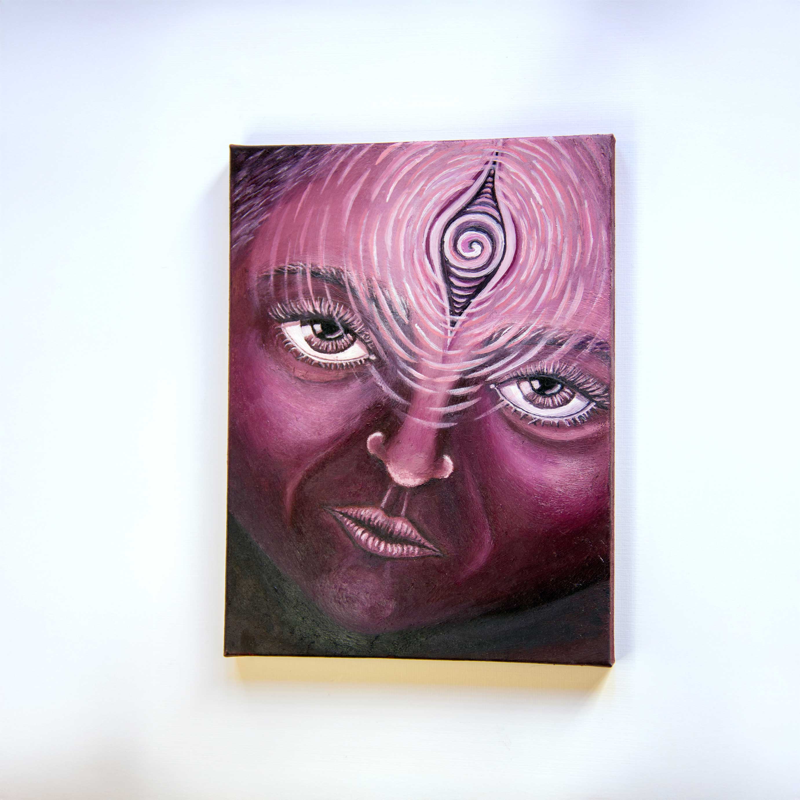 The_Grace_of_Reflection Oil_on_Canvas Original_By Crystel Samia, third eye painting 1/1 face with glowing eyes magenta red pink white spiral