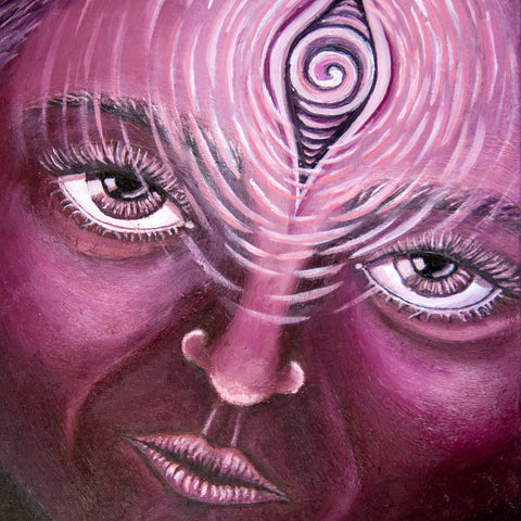 Close-up The_Grace_of_Reflection Oil_on_Canvas Original_By Crystel Samia, third eye painting 1/1 face with glowing eyes magenta red pink white spiral