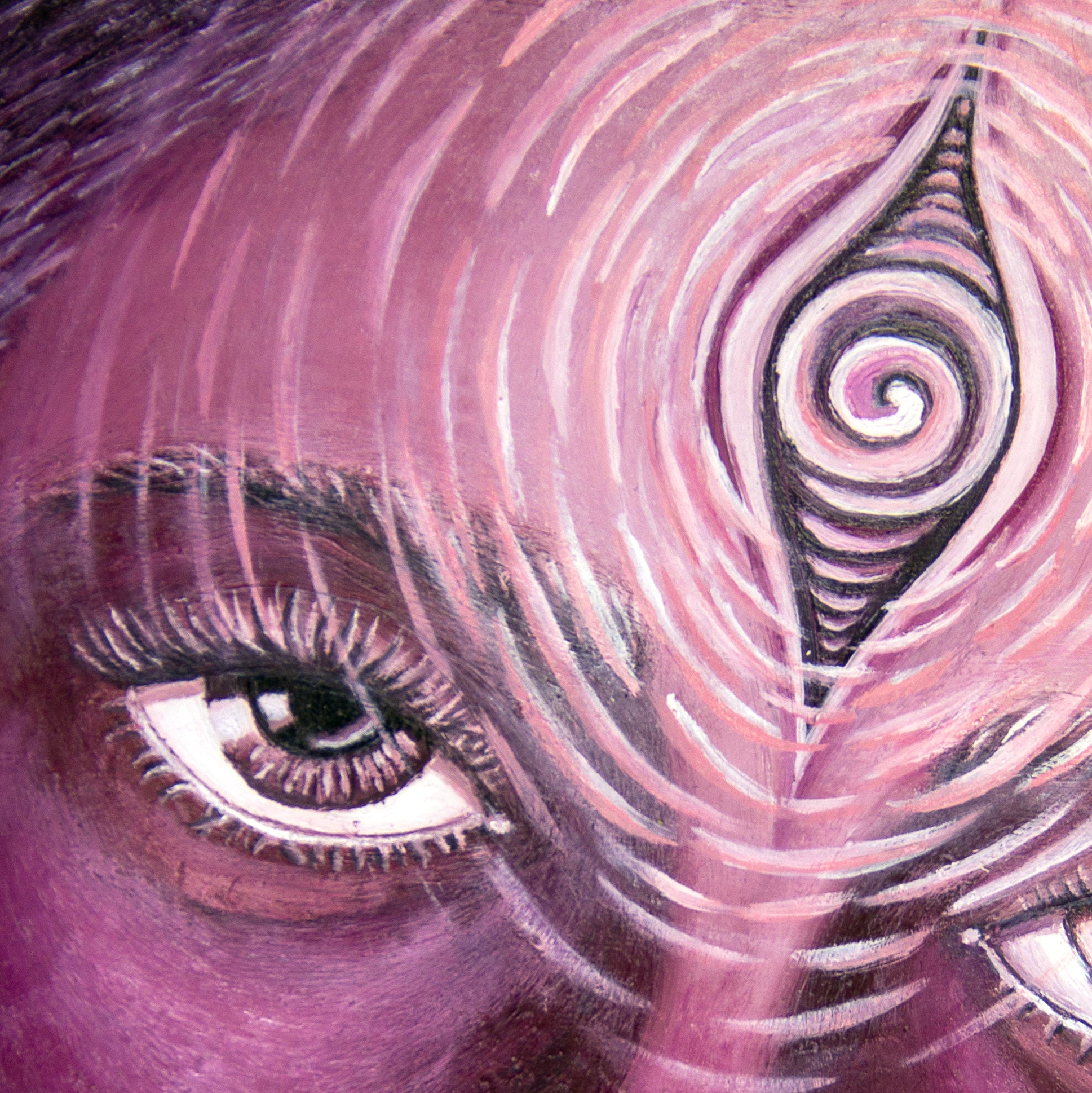 Close-up The_Grace_of_Reflection Oil_on_Canvas Original_By Crystel Samia, third eye painting 1/1 face with glowing eyes magenta red pink white spiral