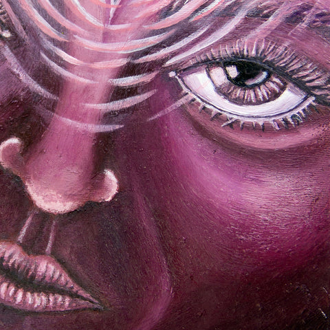Close-up The_Grace_of_Reflection Oil_on_Canvas Original_By Crystel Samia, third eye painting 1/1 face with glowing eyes magenta red pink white spiral