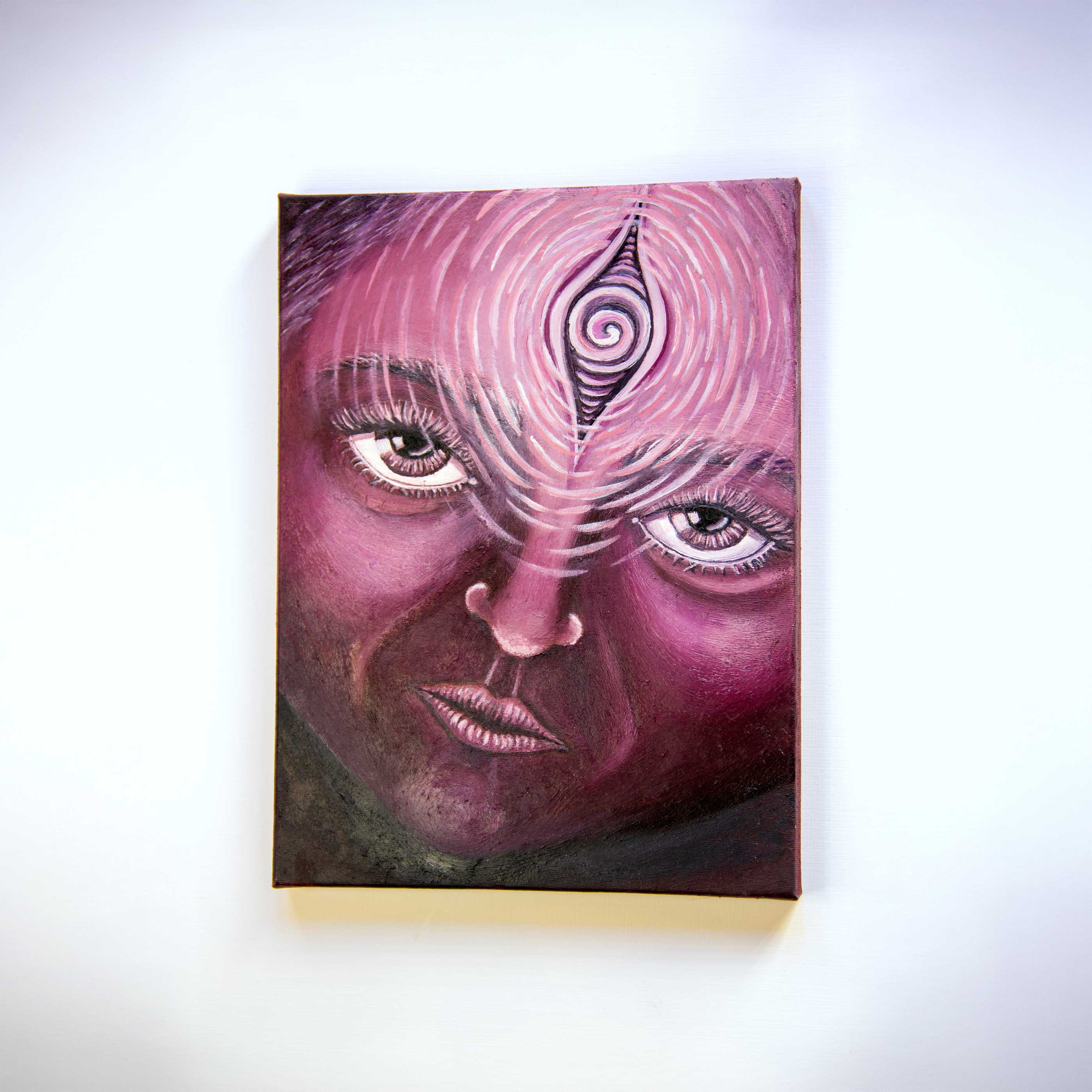 Artist holding painting: The_Grace_of_Reflection Oil_on_Canvas Original_By Crystel Samia, third eye painting 1/1 face with glowing eyes magenta red pink white spiral