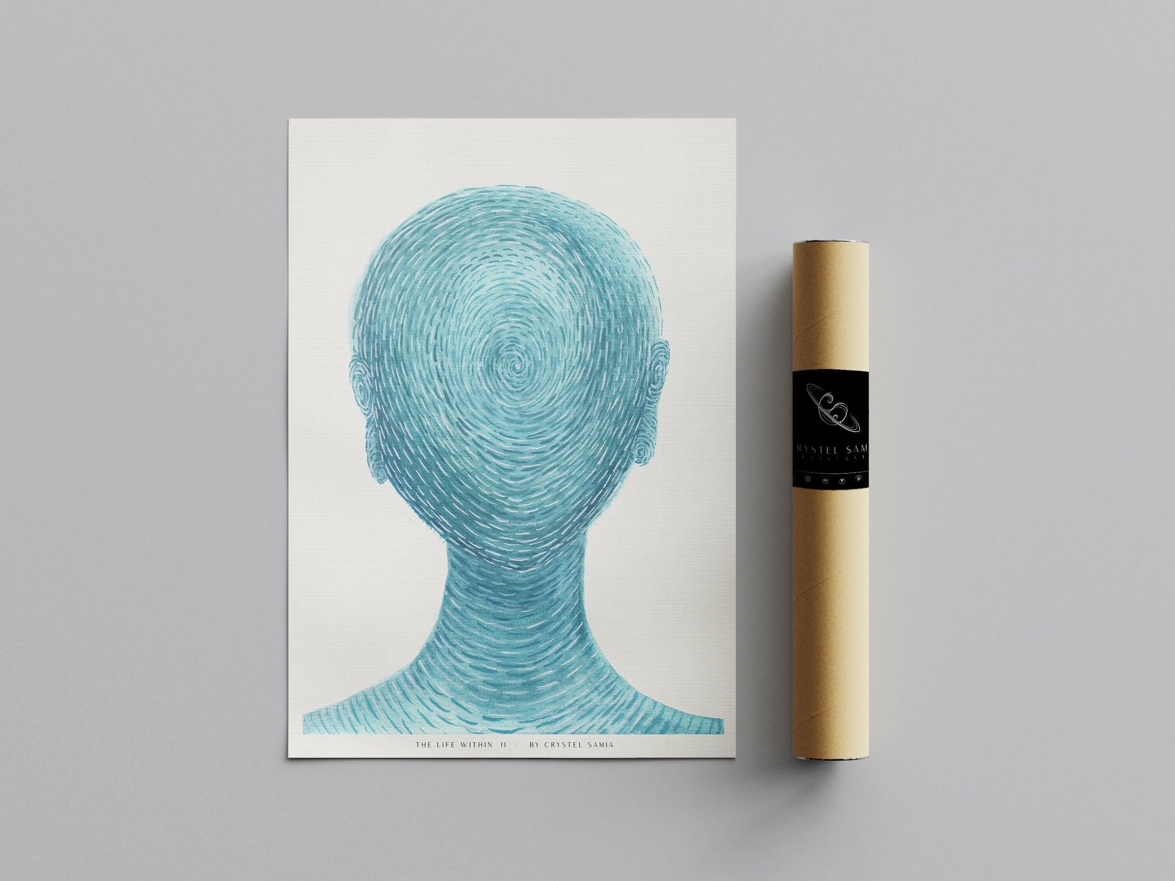 The Life Within II - Watercolor on Paper Signed by Artist and Numbered Art Print on High Quality Canvas Paper, preserved in a Craft Tube, peacful light blue turquoise spiral