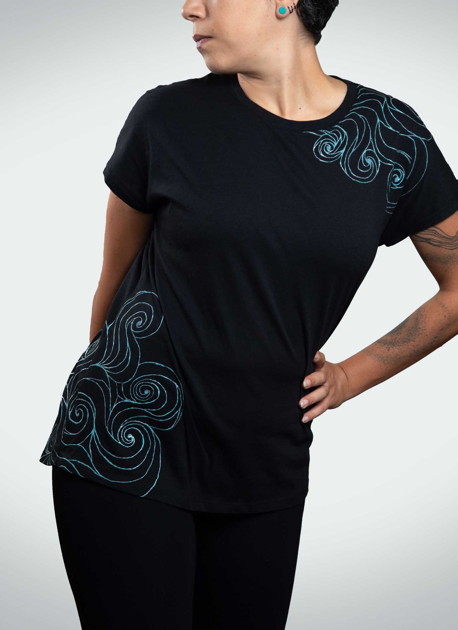 Black T-Shirt – Blue Neon Line Art (One of a Kind) - Crystel Samia Universe