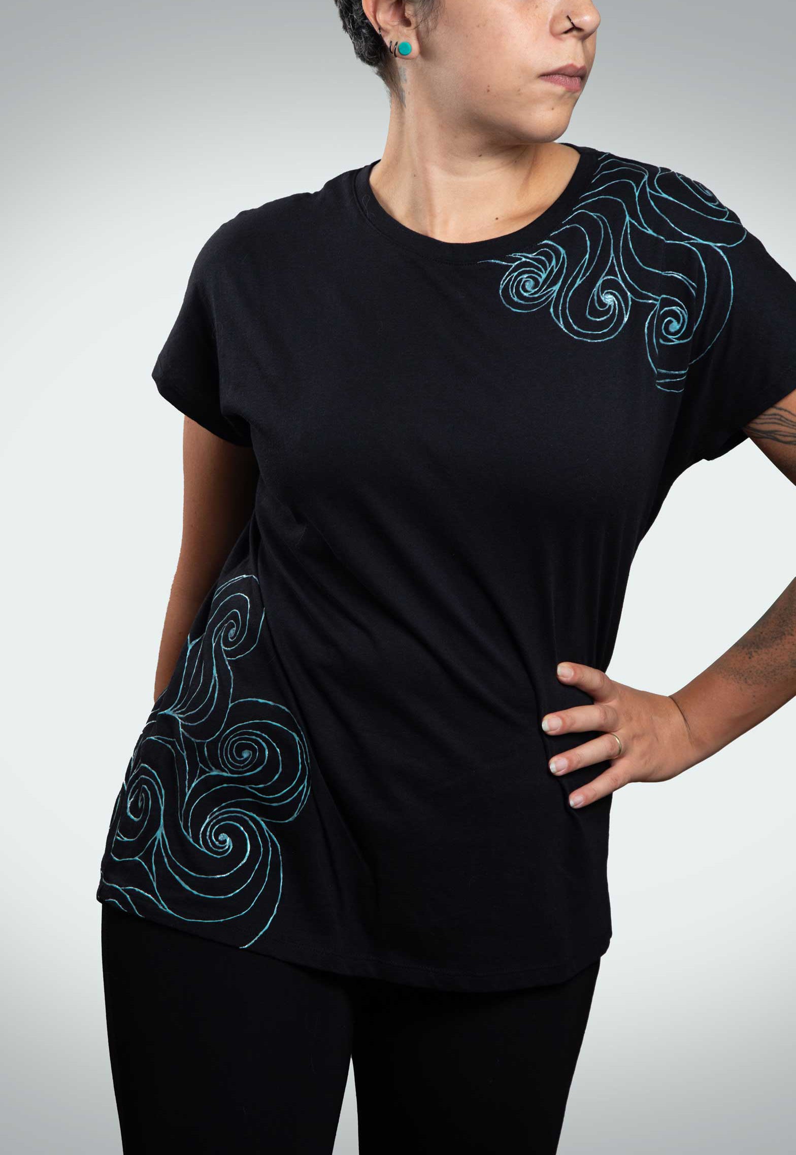 Black T-Shirt – Blue Neon Line Art (One of a Kind) - Crystel Samia Universe