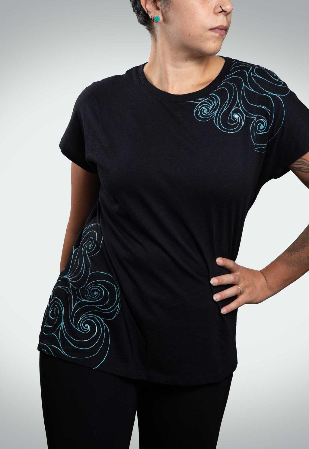Black T-Shirt – Blue Neon Line Art (One of a Kind) - Crystel Samia Universe