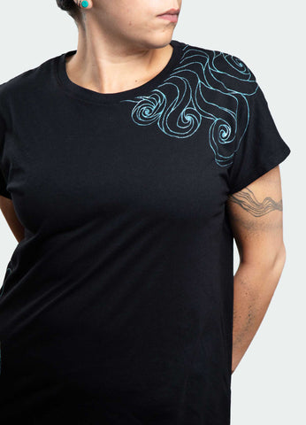 Black T-Shirt – Blue Neon Line Art (One of a Kind) - Crystel Samia Universe