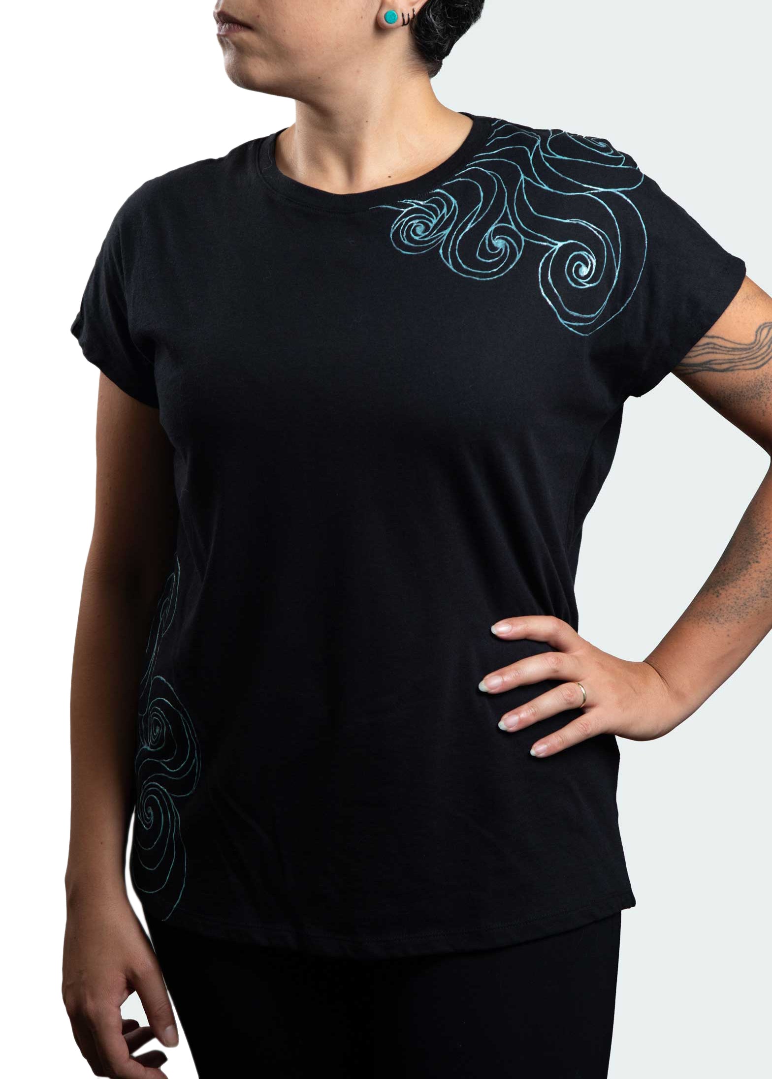 Black T-Shirt – Blue Neon Line Art (One of a Kind) - Crystel Samia Universe