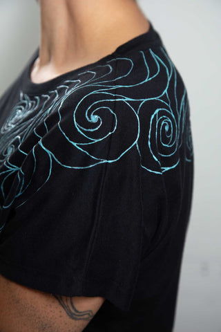 Black T-Shirt – Blue Neon Line Art (One of a Kind) - Crystel Samia Universe