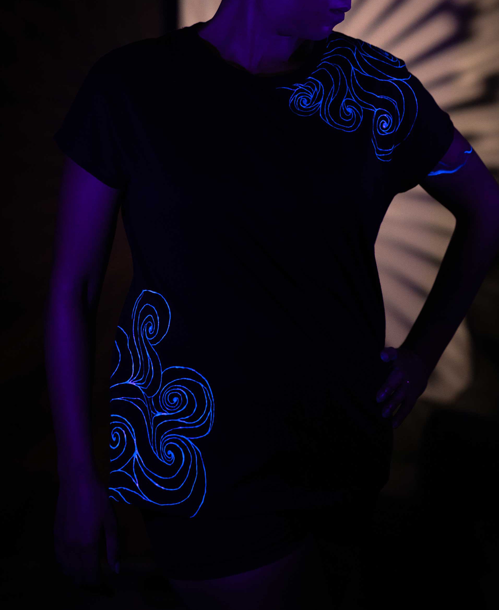 Black T-Shirt – Blue Neon Line Art (One of a Kind) - Crystel Samia Universe