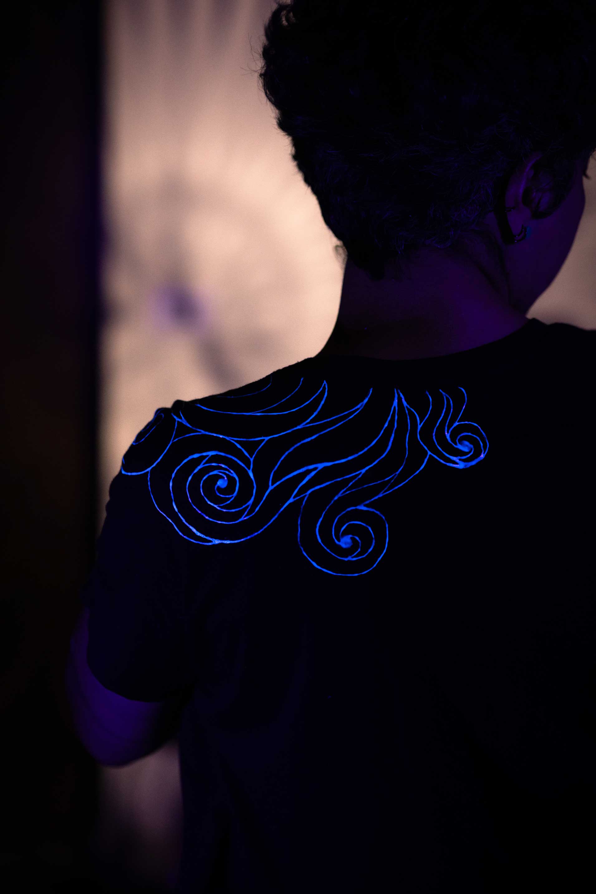 Black T-Shirt – Blue Neon Line Art (One of a Kind) - Crystel Samia Universe