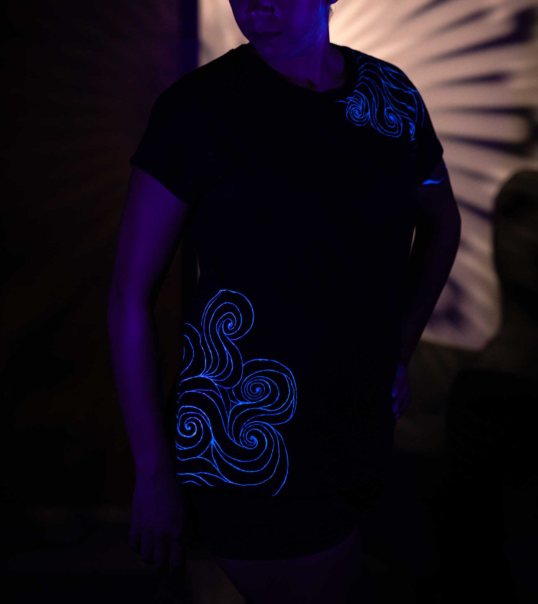 Black T-Shirt – Blue Neon Line Art (One of a Kind) - Crystel Samia Universe
