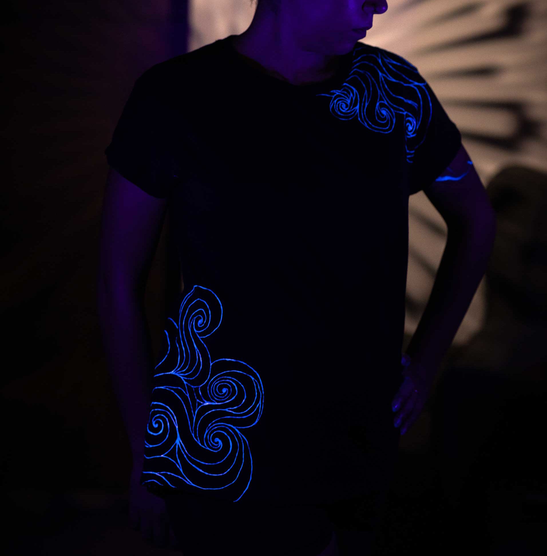 Black T-Shirt – Blue Neon Line Art (One of a Kind) - Crystel Samia Universe