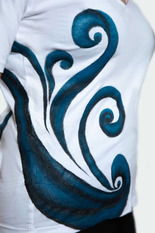 White T-Shirt – Blue & Black Spirals (One of a Kind) - Crystel Samia Universe