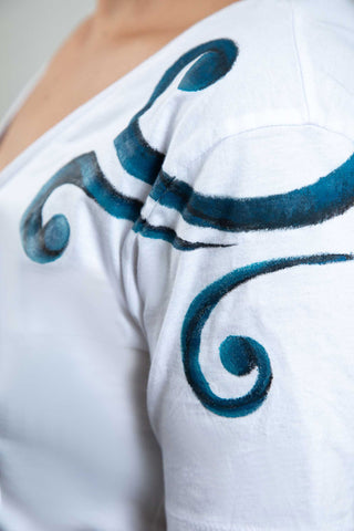 White T-Shirt – Blue & Black Spirals (One of a Kind) - Crystel Samia Universe
