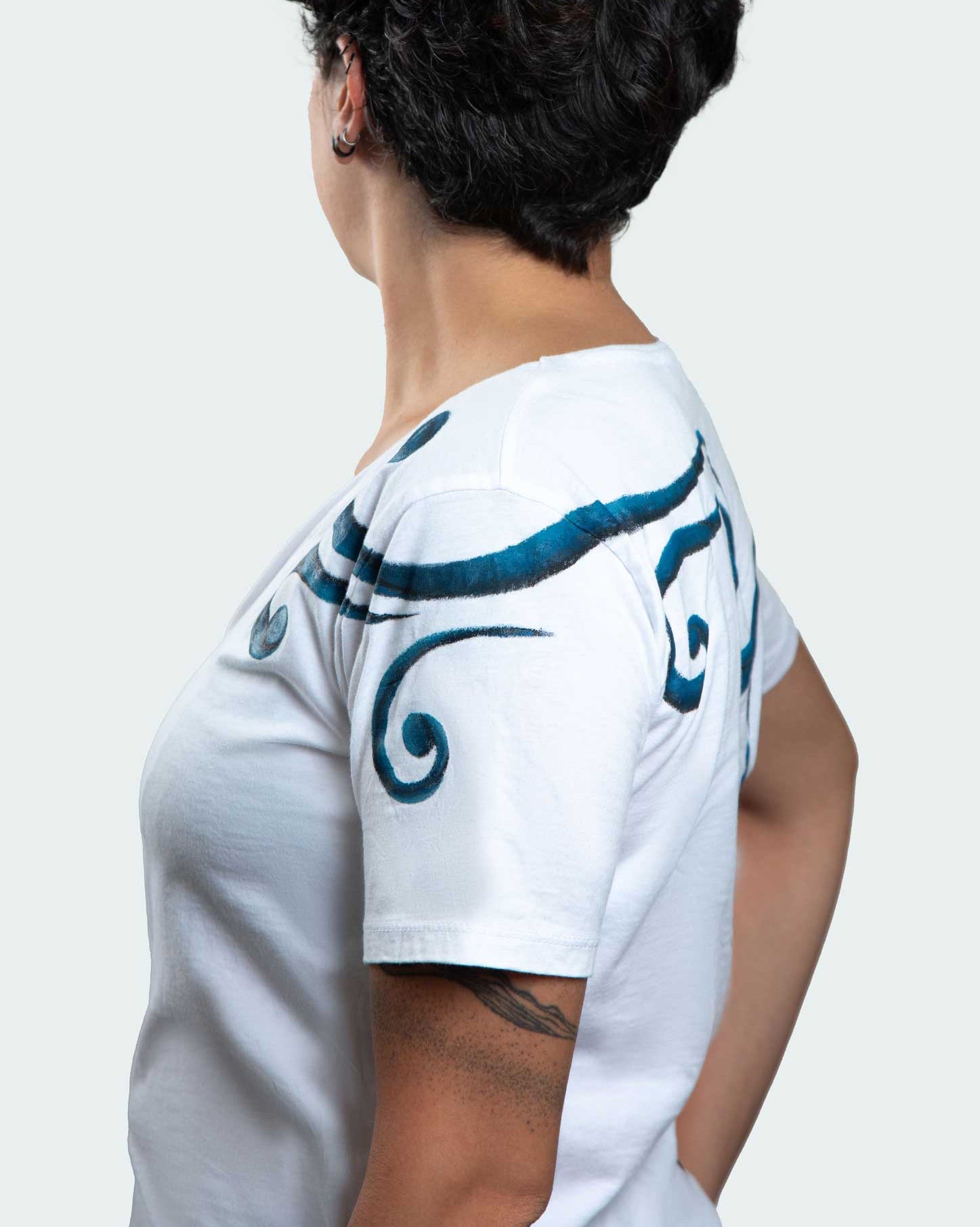 White T-Shirt – Blue & Black Spirals (One of a Kind) - Crystel Samia Universe