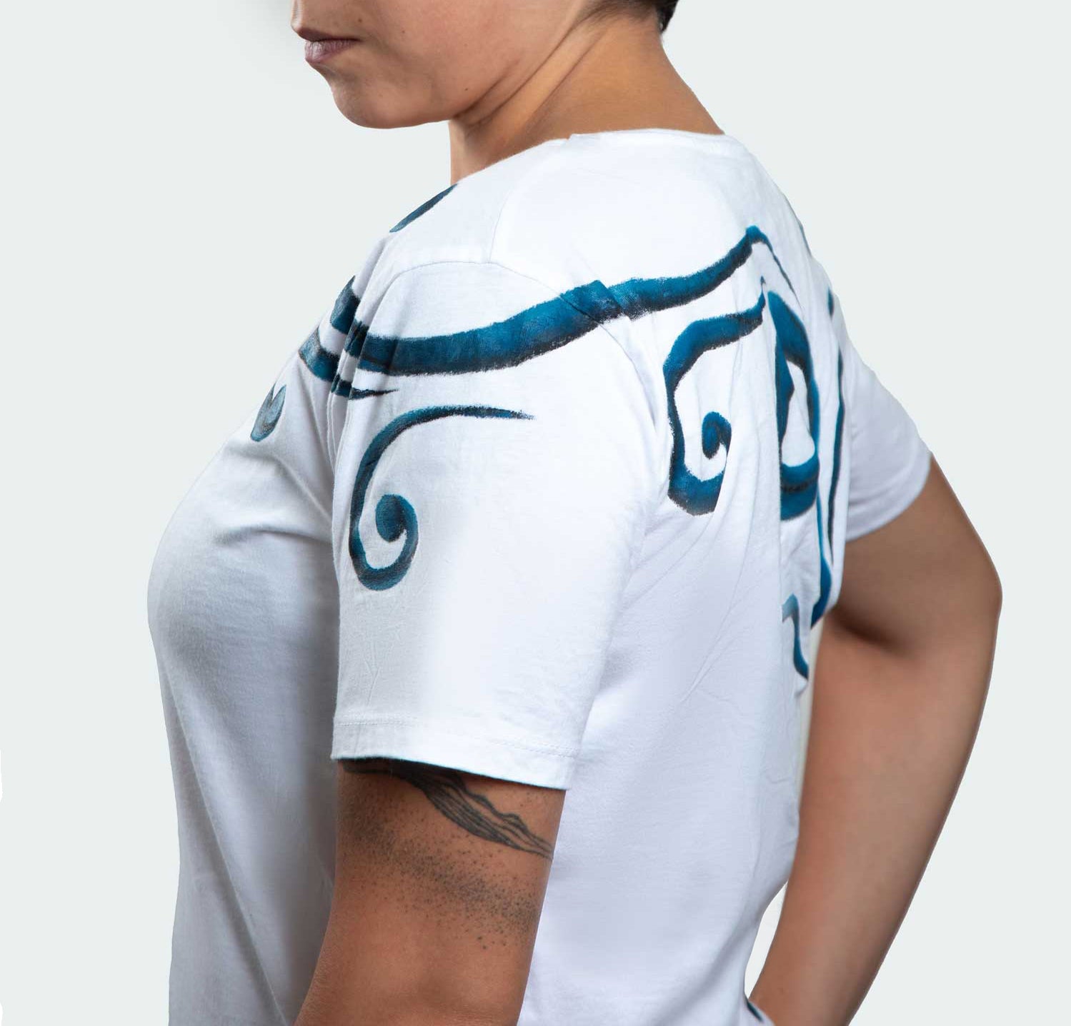 White T-Shirt – Blue & Black Spirals (One of a Kind) - Crystel Samia Universe