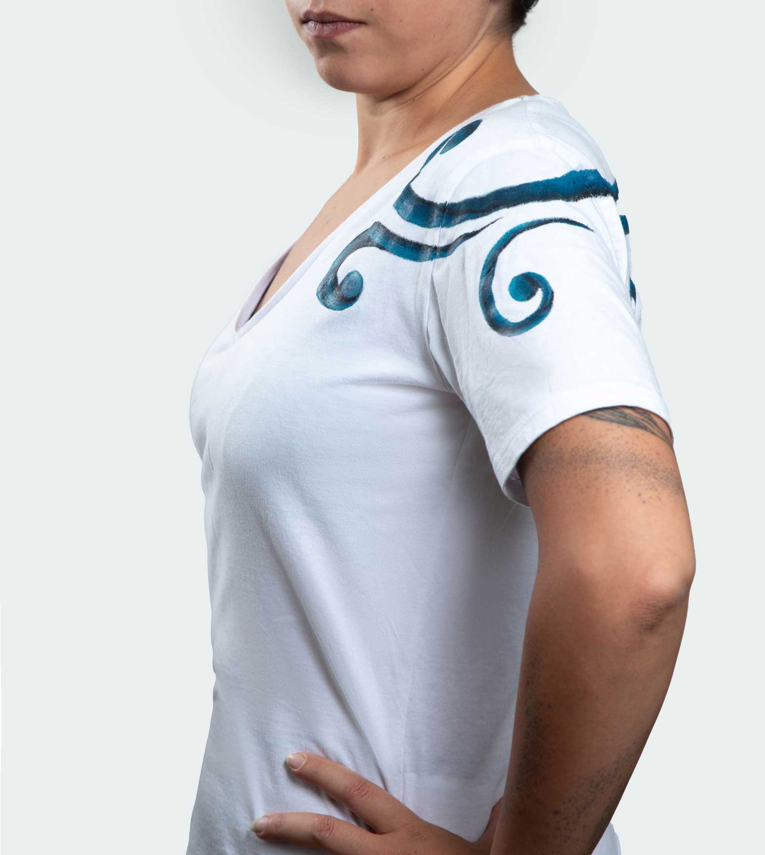 White T-Shirt – Blue & Black Spirals (One of a Kind) - Crystel Samia Universe