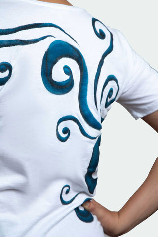 White T-Shirt – Blue & Black Spirals (One of a Kind) - Crystel Samia Universe