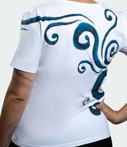 White T-Shirt – Blue & Black Spirals (One of a Kind) - Crystel Samia Universe